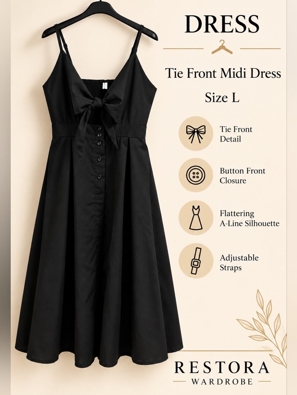 Women’s Black Midi Dress Tie Front Cutout Smocked Coquette Size L EcoWish